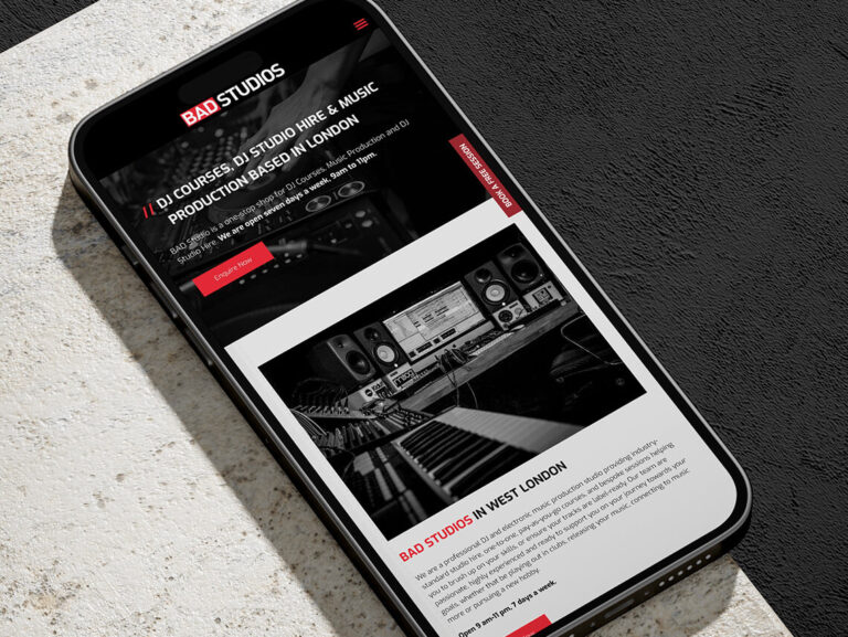BAD Studios website displayed on a mobile phone