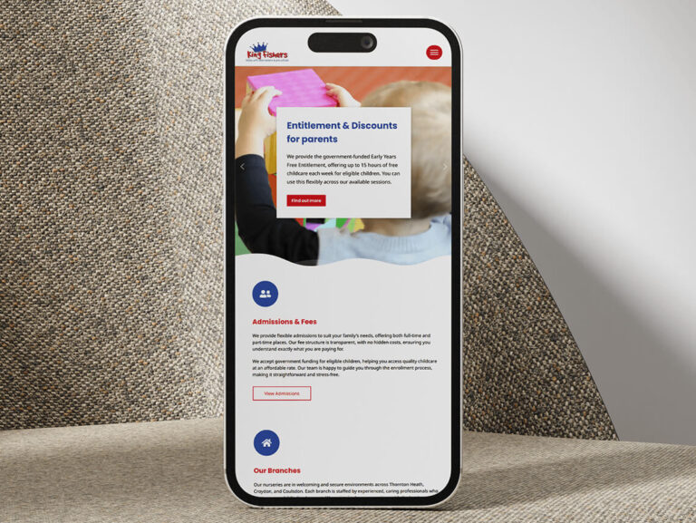 King Fishers Day Nurseries website displayed on a mobile phone