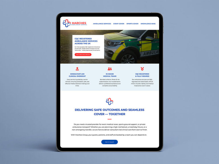 Marches Ambulance website displayed on a tablet