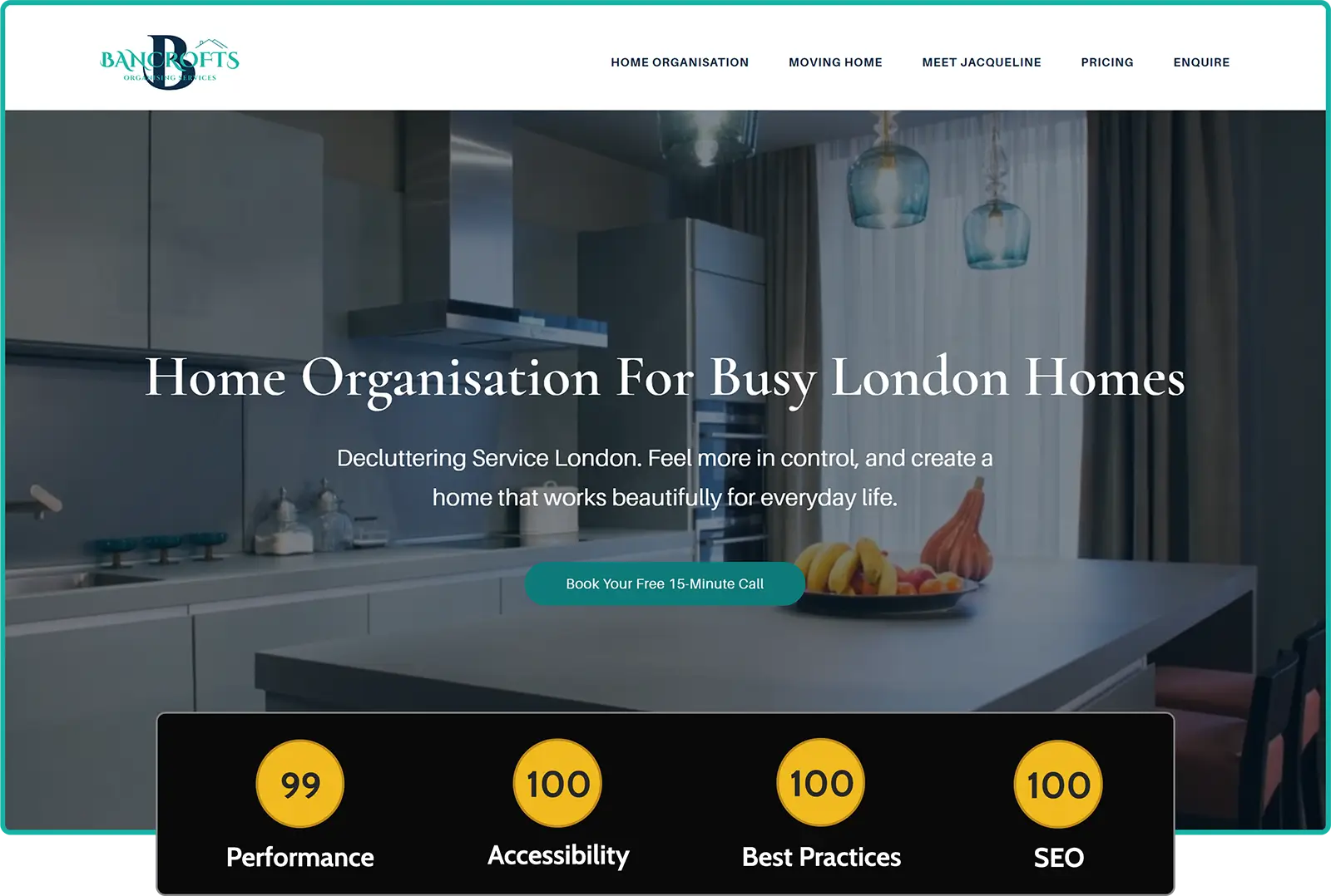 Bancroft's organising services page insight scores with Ubie Max from Ubie Websites