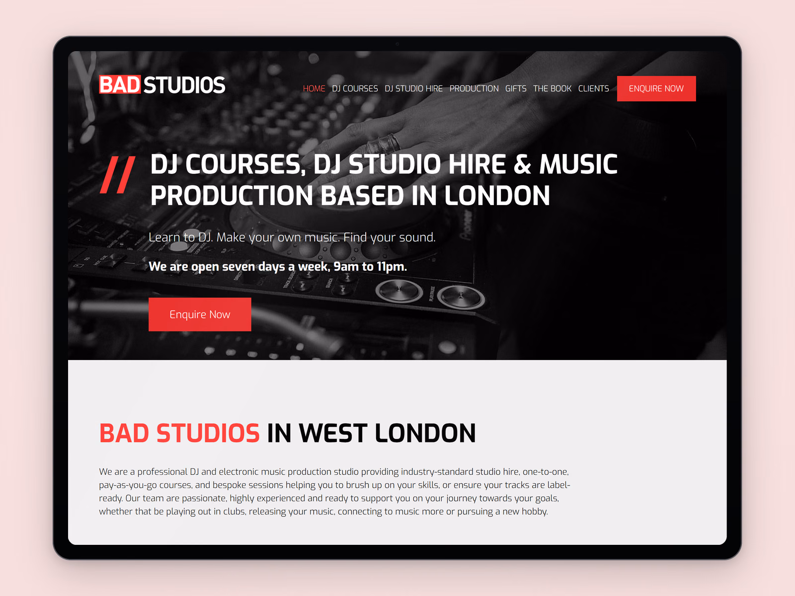 BAD Studios website example on a tablet