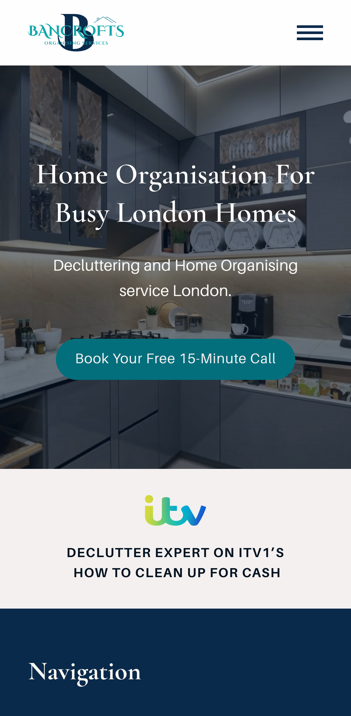 Bancrofts Organising Services website on an iPhone, with a kitchen hero, a Book Your Free 15-Minute Call button and the As Seen On ITV strip