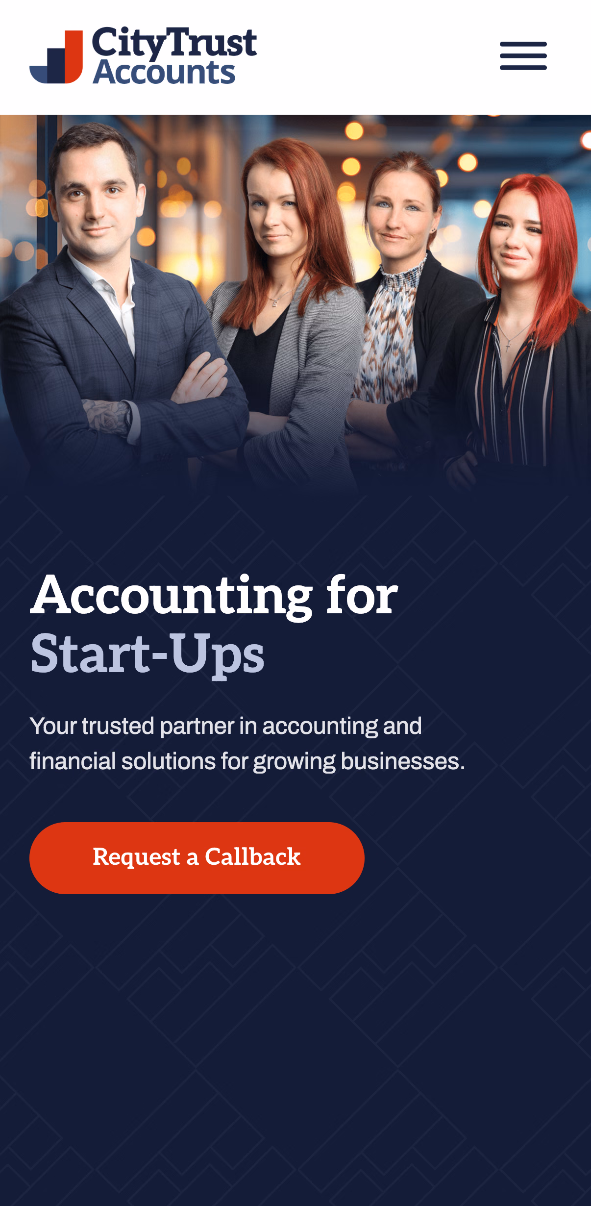 CityTrust Accounts website on an iPhone, with a full-width team photo, the headline Accounting for Start-Ups, a short intro and a Request a Callback button