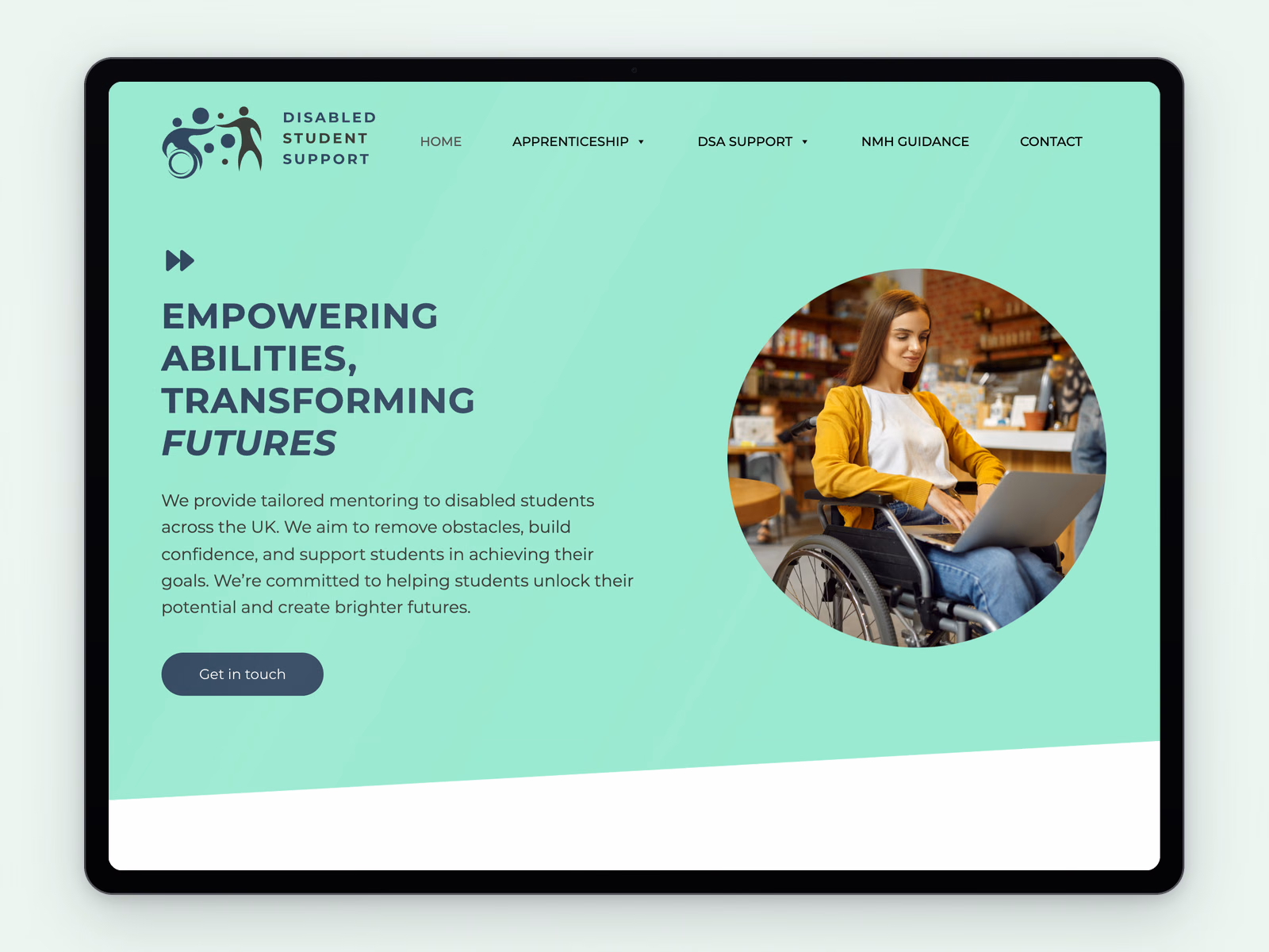 Disabled student support website example on a tablet