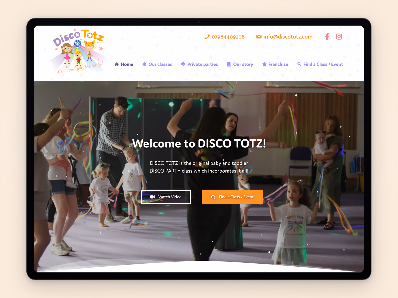 Disco Totz website example on a tablet