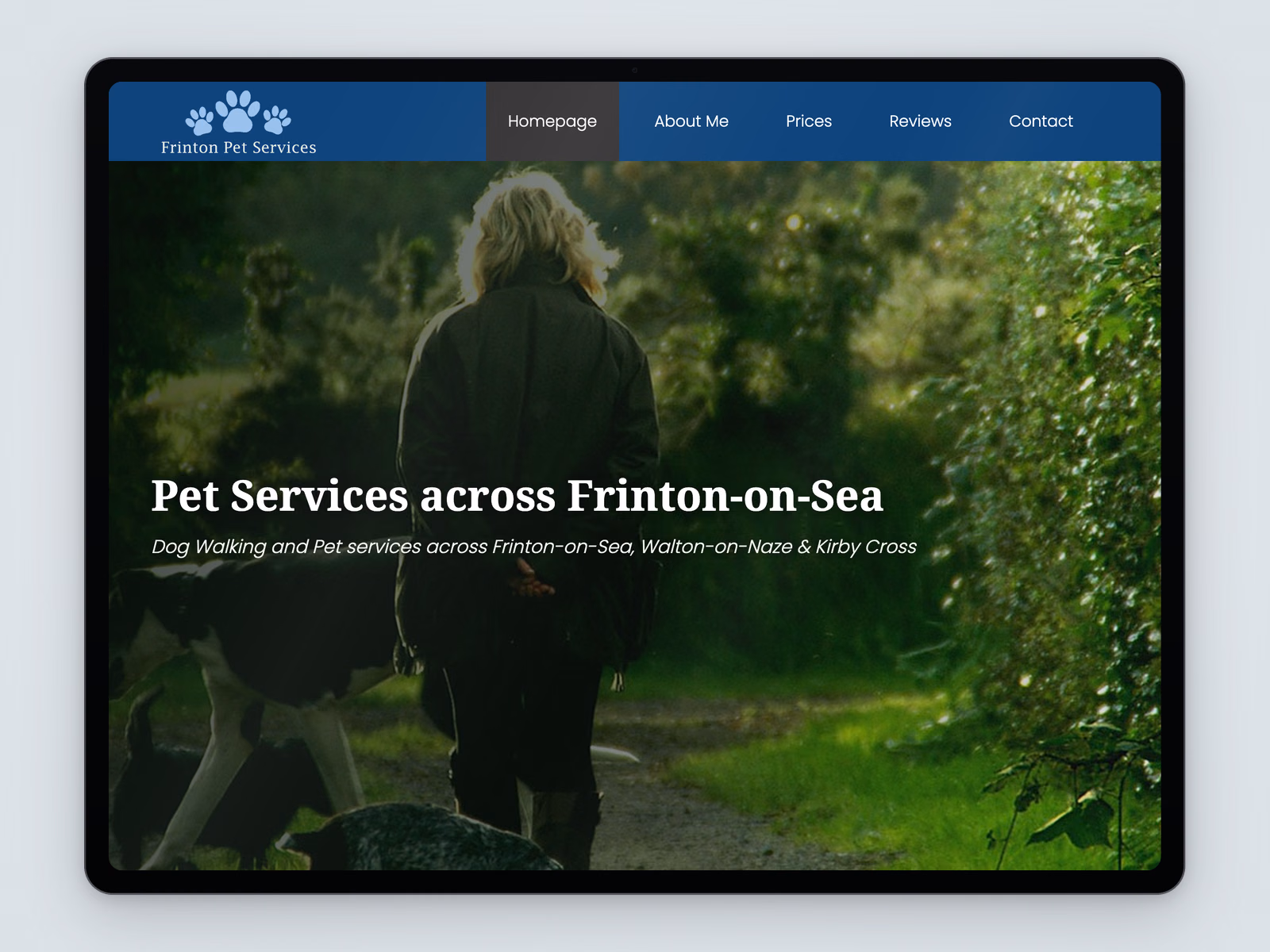 Frinton Pet Services website example on a tablet