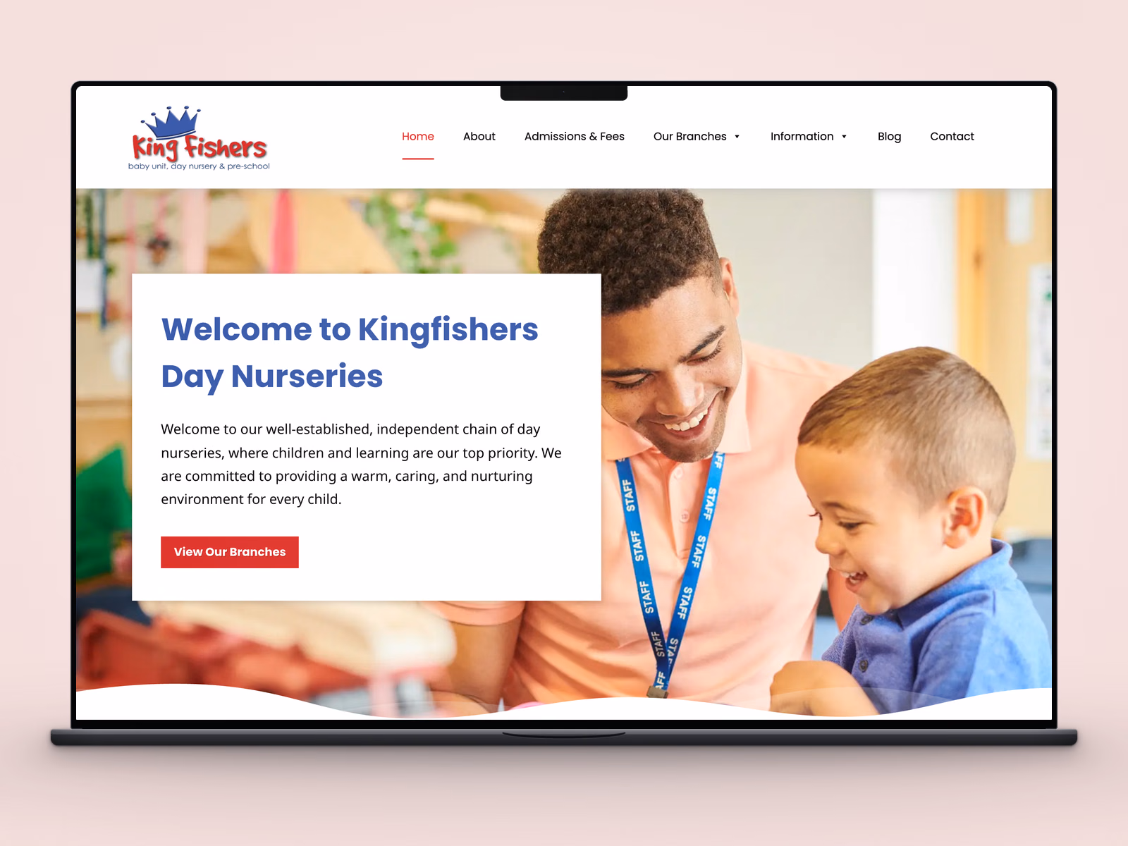 King Fishers Day Nurseries website on a MacBook, showing the nursery homepage