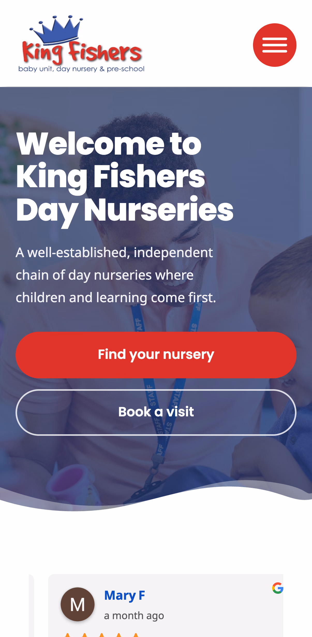 King Fishers Day Nurseries website on an iPhone, with the headline Welcome to King Fishers Day Nurseries over a nursery photo, Find your nursery and Book a visit buttons and a white wave