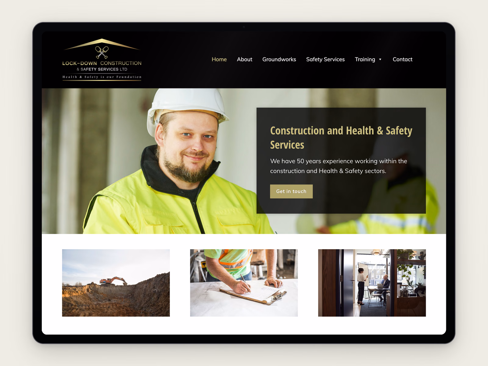 Lockdown Construction Services website example on a tablet
