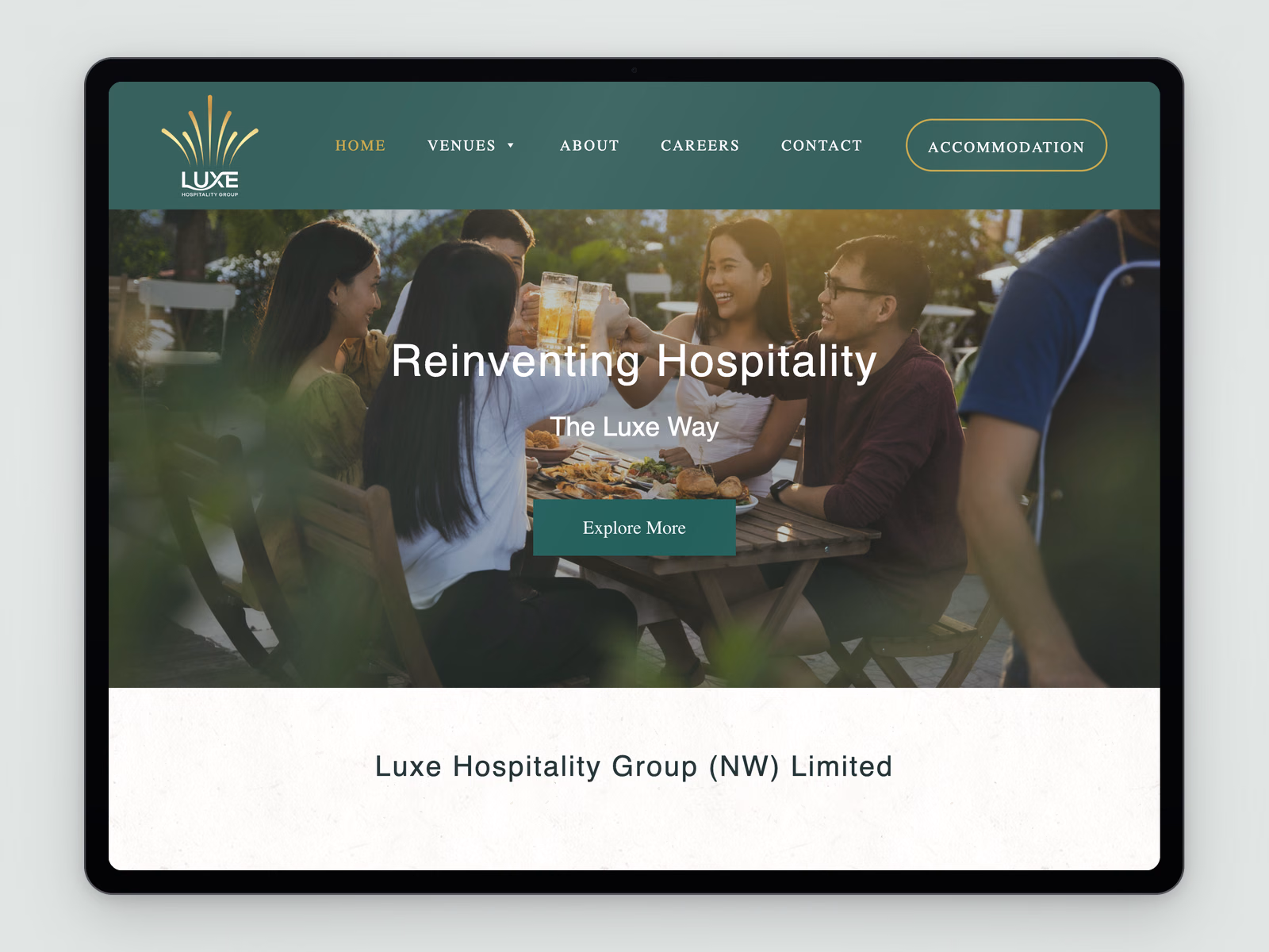 Luxe Hospitality Group website example on a tablet