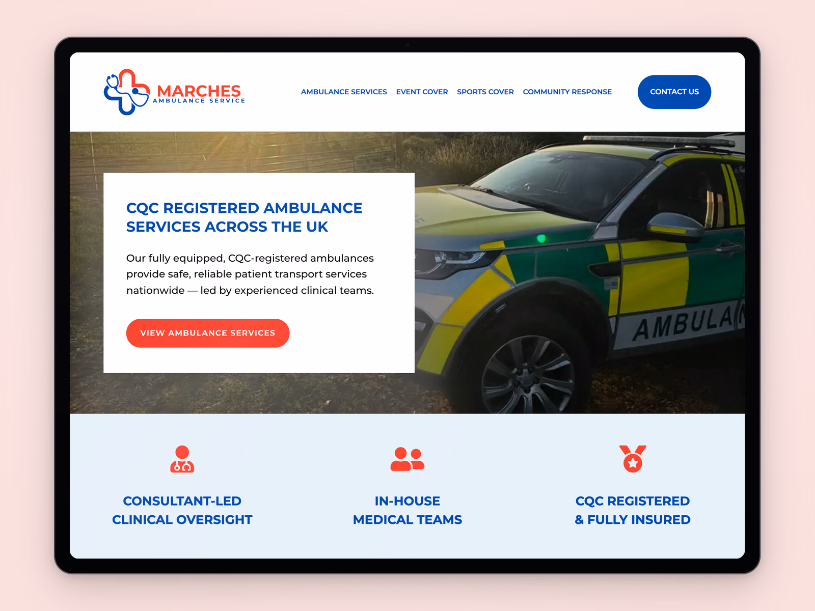 Marches Ambulance website example on a tablet