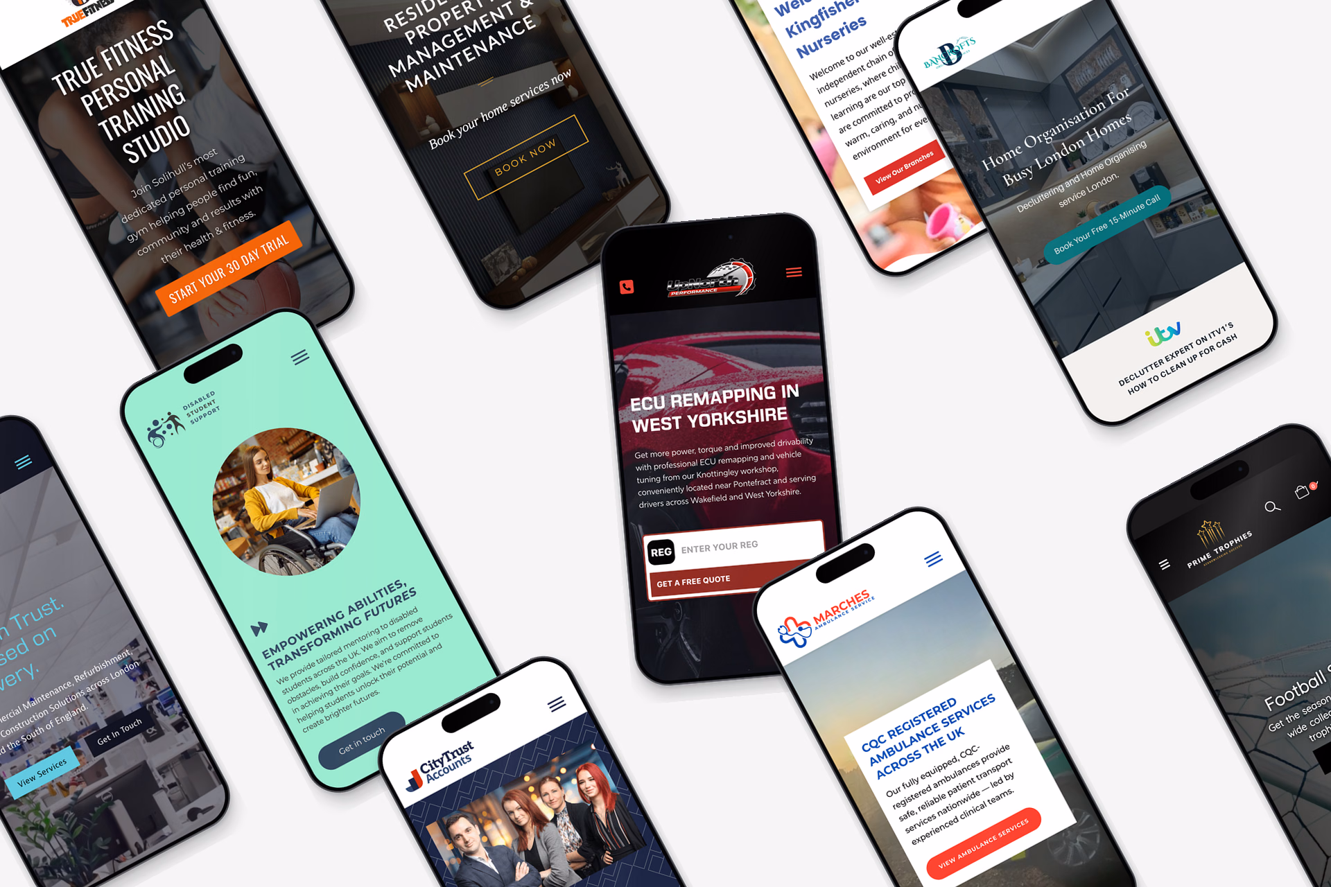 Pay monthly website examples shown on mobile phones