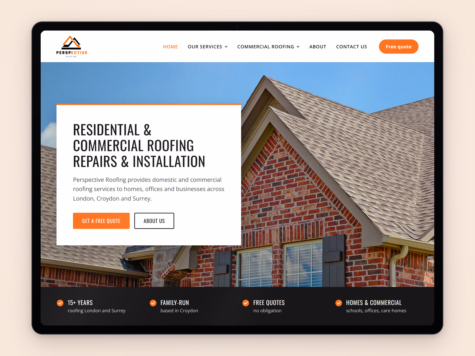 Perspective Roofing website on an iPad