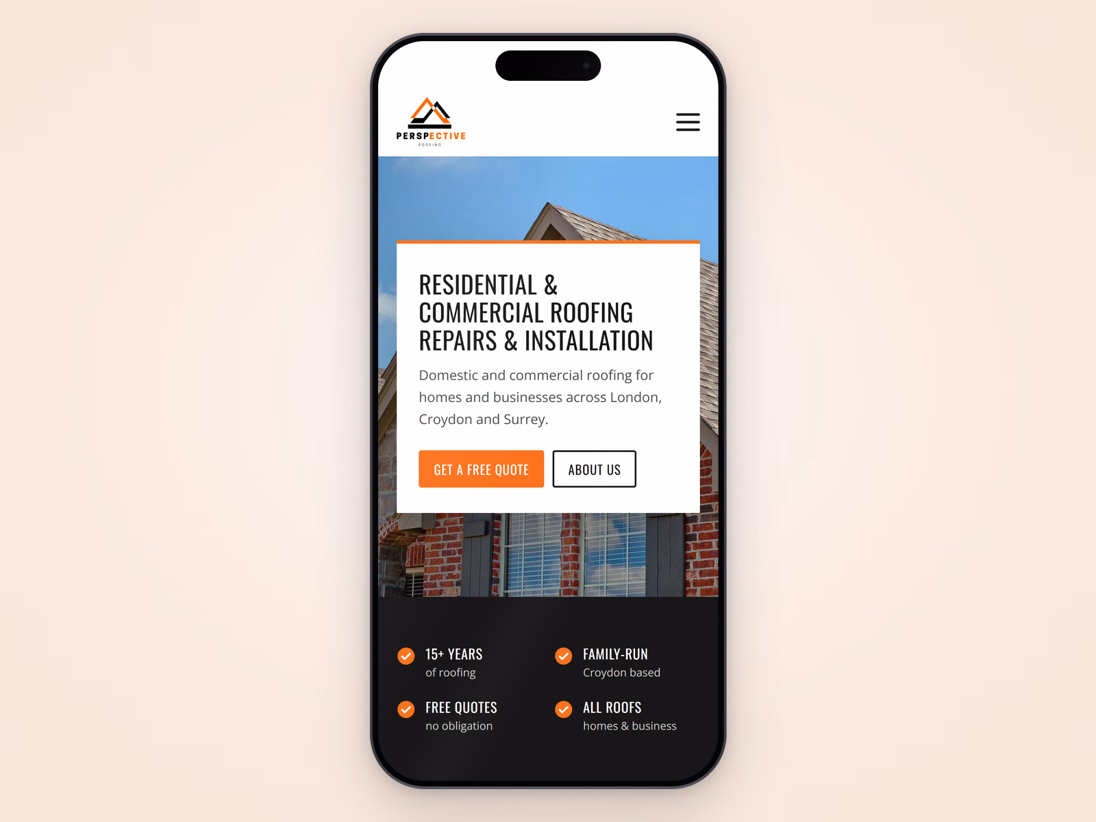 Perspective Roofing website displayed on a mobile phone