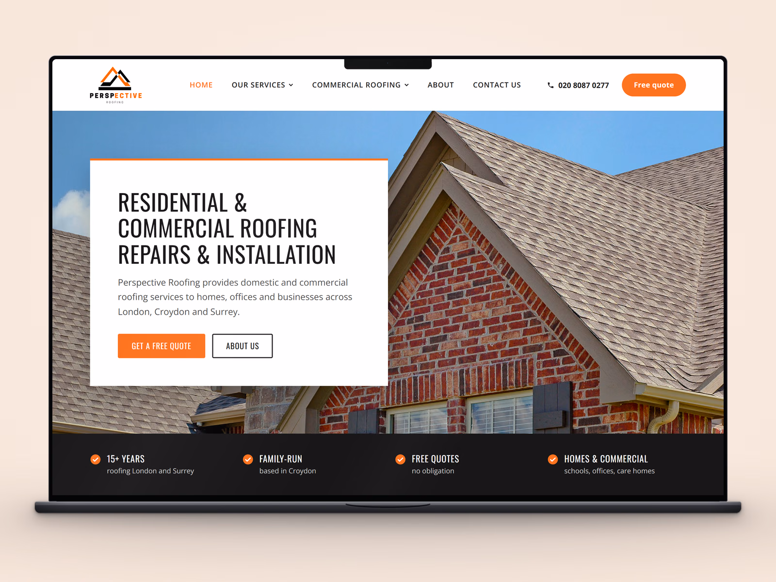 Perspective Roofing website displayed on a laptop
