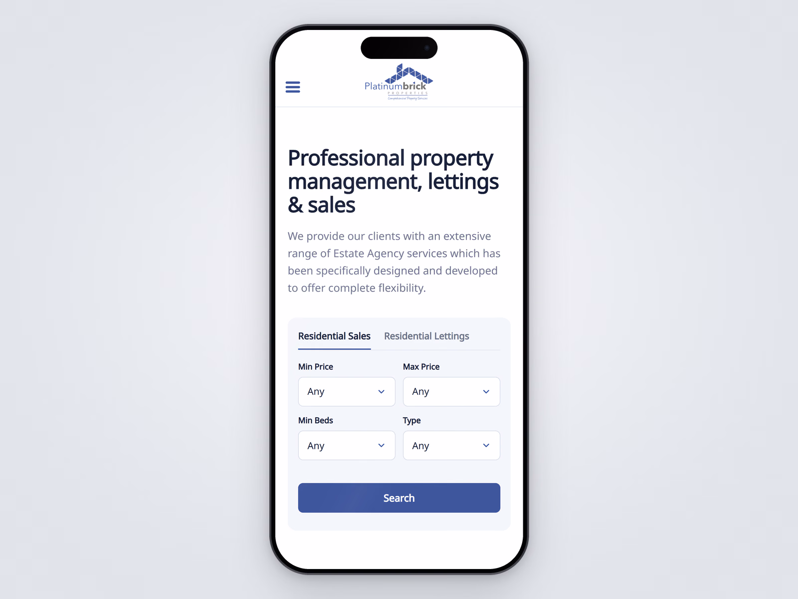 Platinum Brick Properties website displayed on a mobile phone
