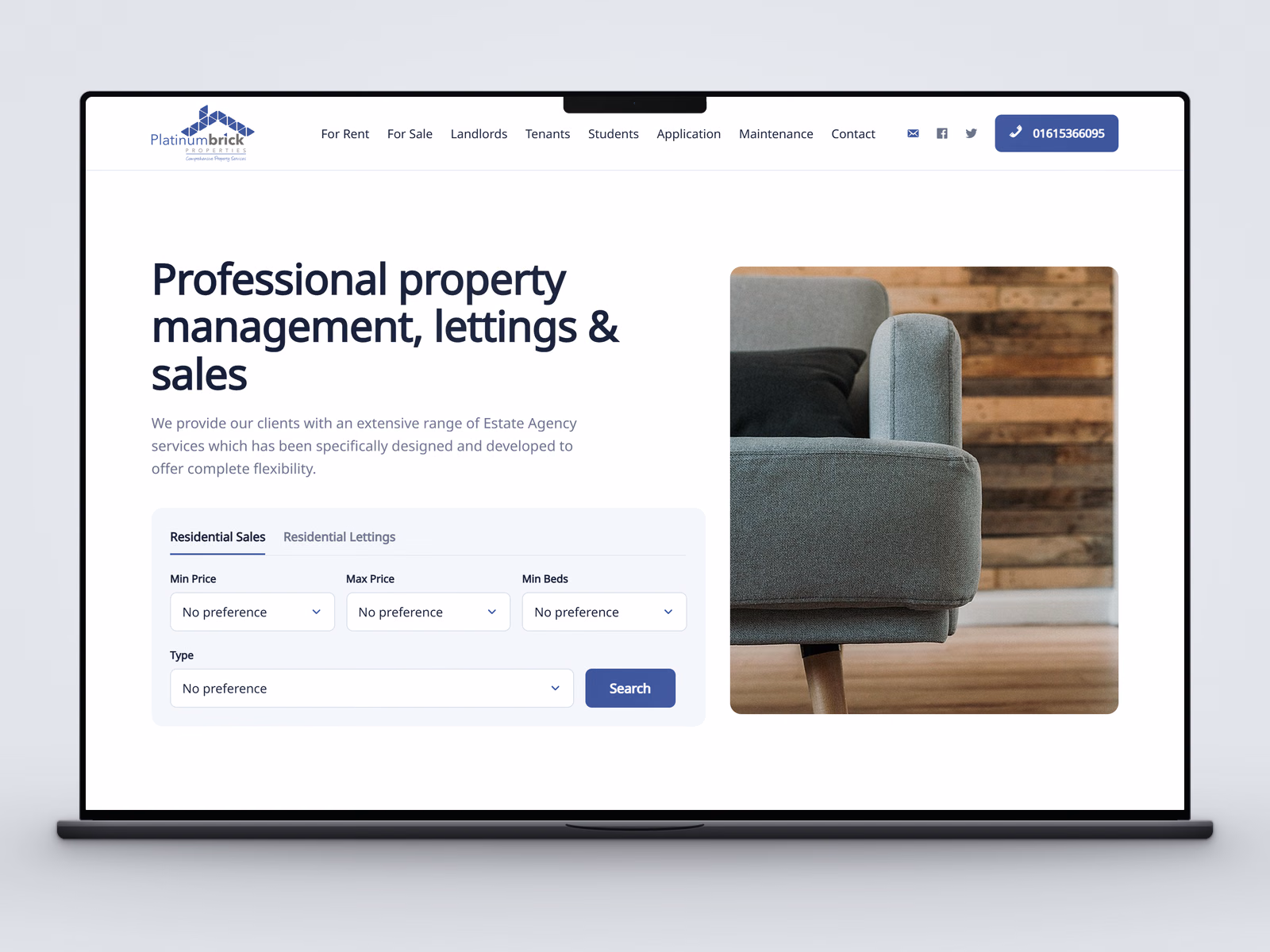 Platinum Brick Properties website displayed on a laptop