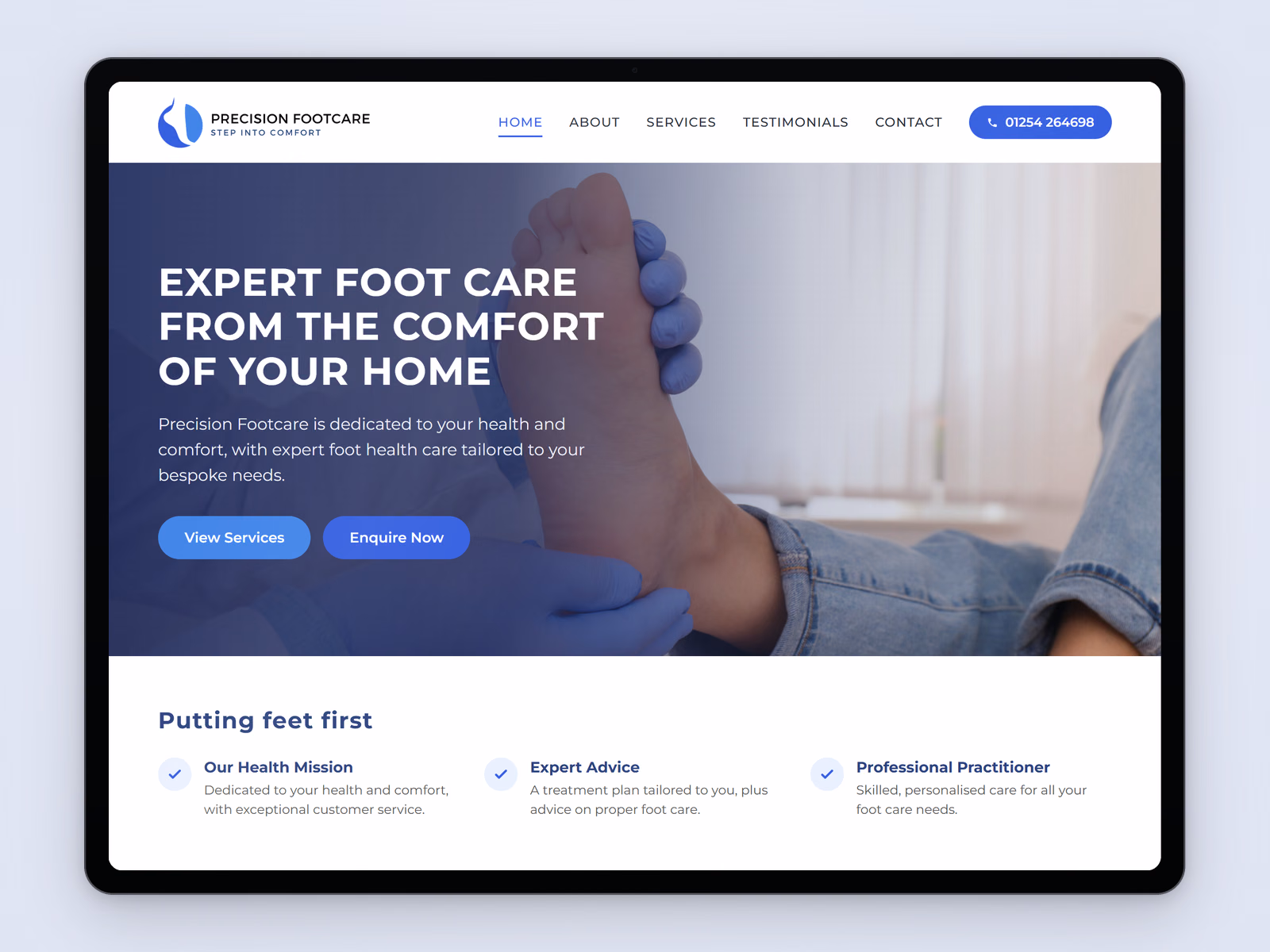 Precision Footcare website displayed on a tablet