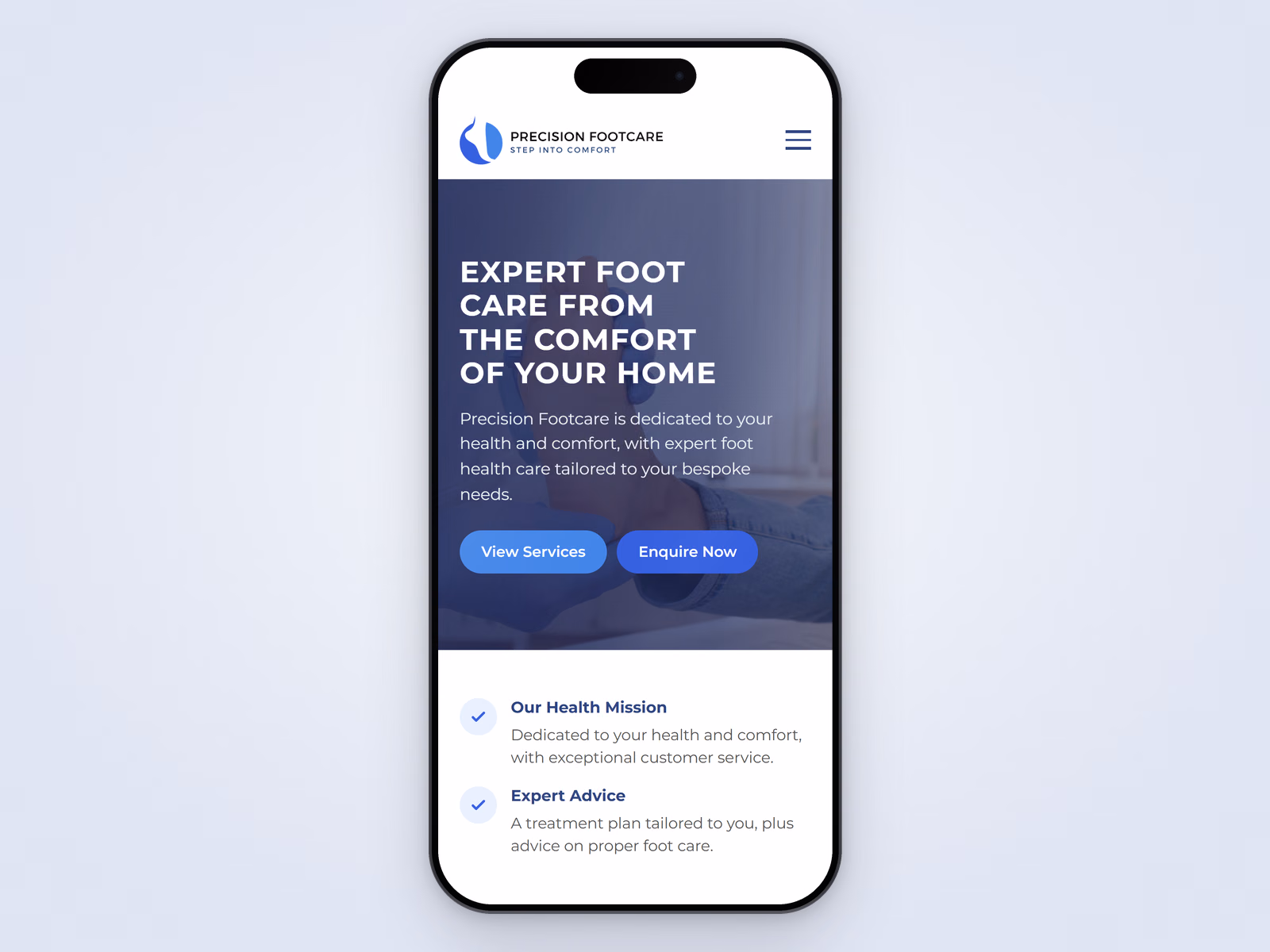 Precision Footcare website displayed on a mobile phone