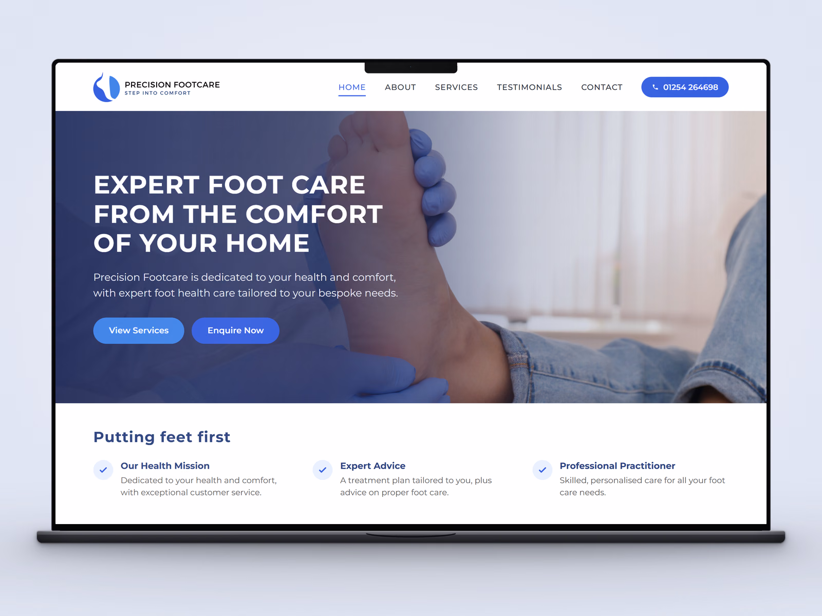 Precision Footcare website displayed on a laptop