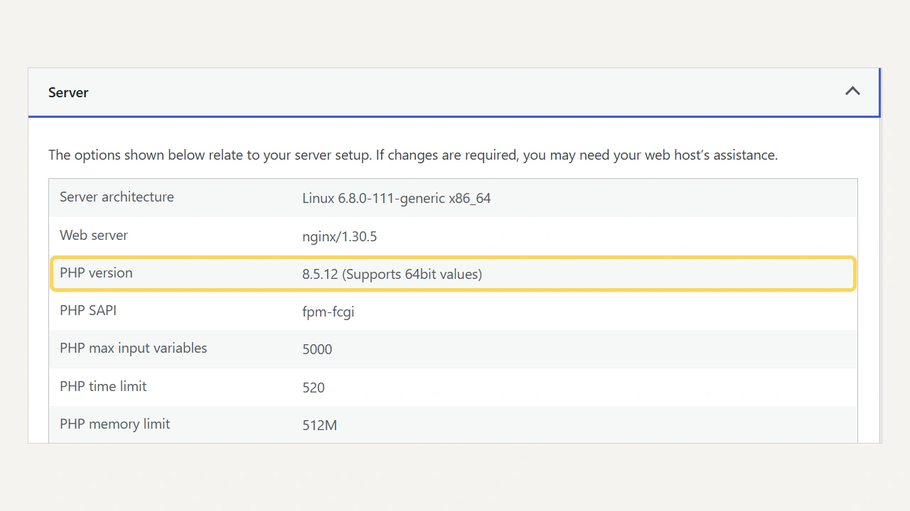 WordPress Site Health Info tab with the Server section open, showing the PHP version line reading 8.5.12