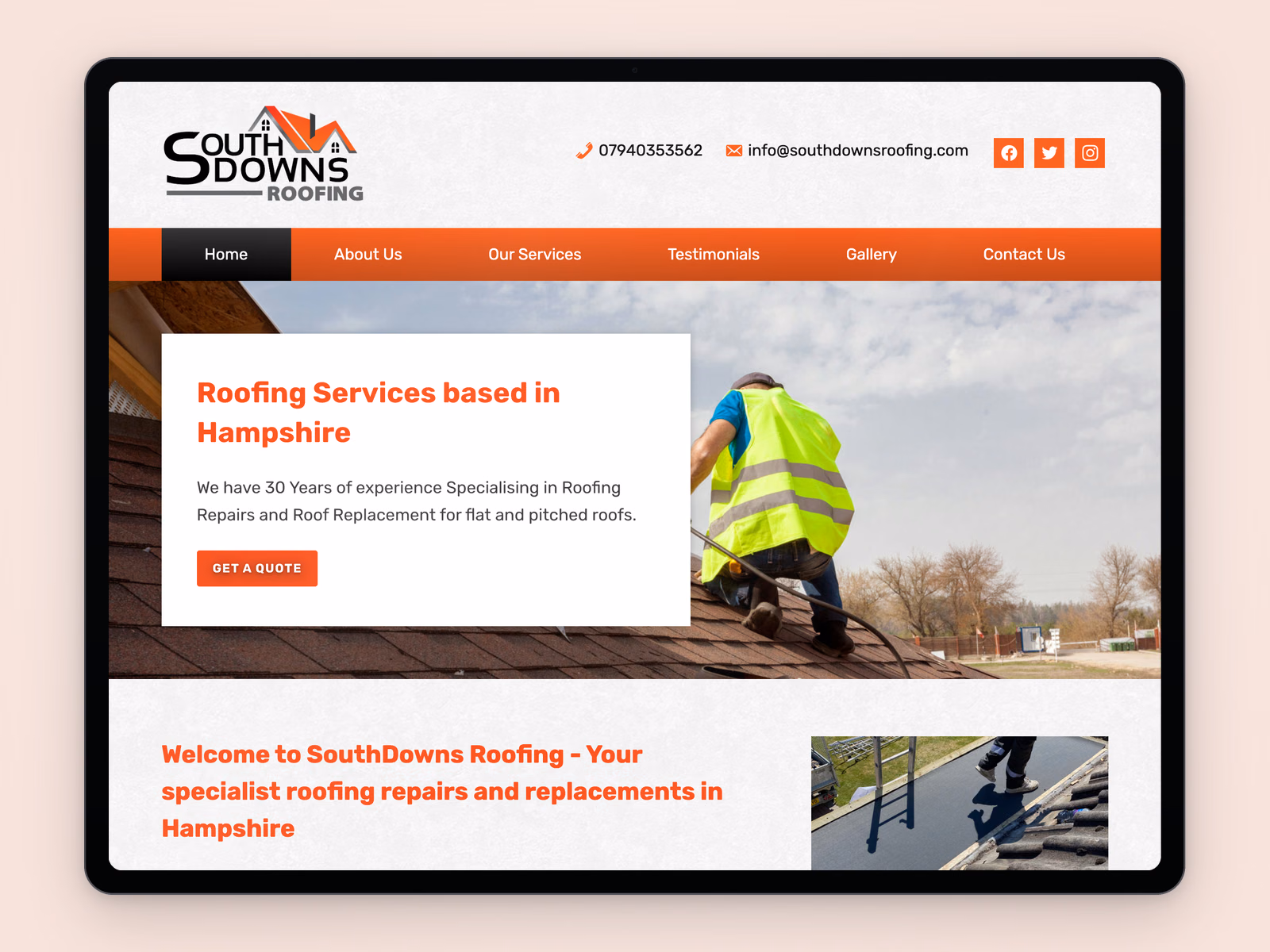 South Downs Roofing website example on a tablet
