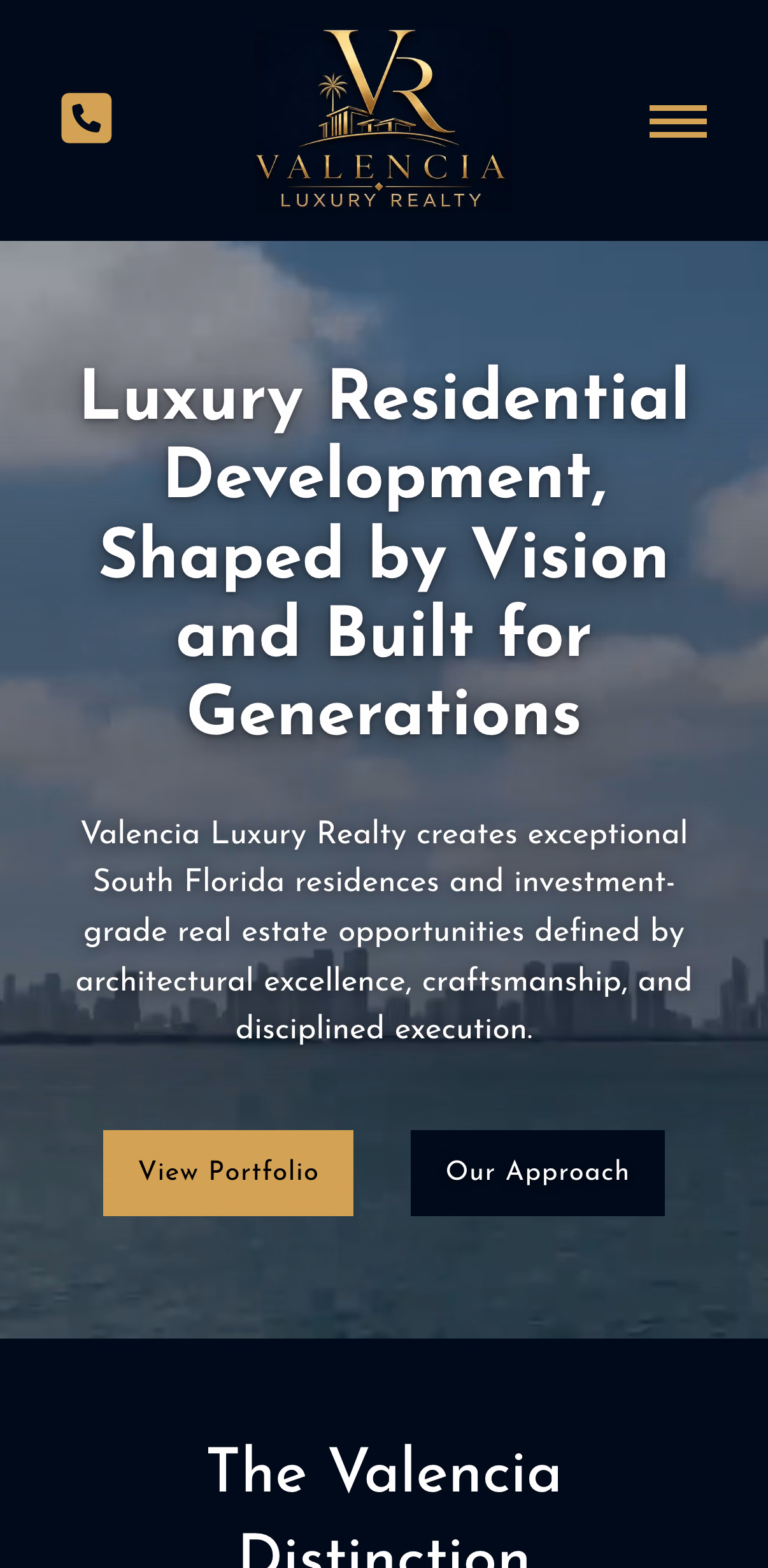 Valencia Luxury Realty website on an iPhone, with an aerial photo of a luxury home and View Portfolio and Our Approach buttons